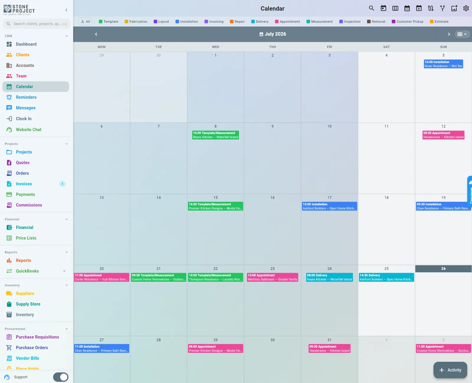 Vista de mes del Calendario con actividades codificadas por color — instalación, plantilla, entrega, cita