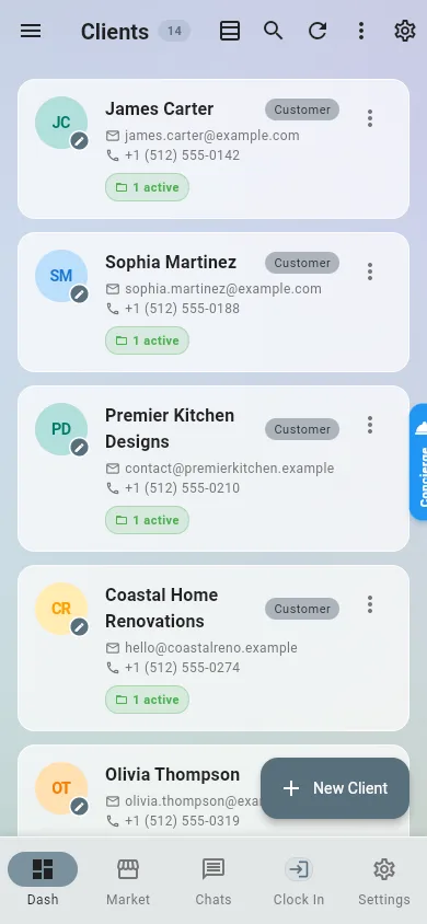 The app on a phone showing the client list, with the bottom navigation bar (Dash, Market, Chats, Clock, Settings) and a floating add button