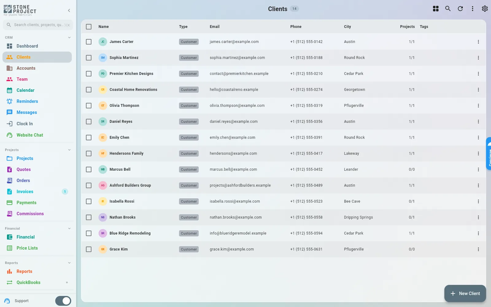 Clients list showing fourteen client records
