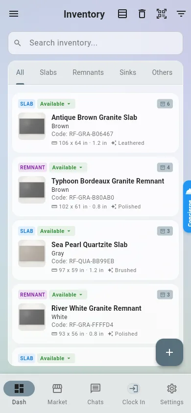 The piece catalog on a phone, with each card showing status, name, code, dimensions and finish
