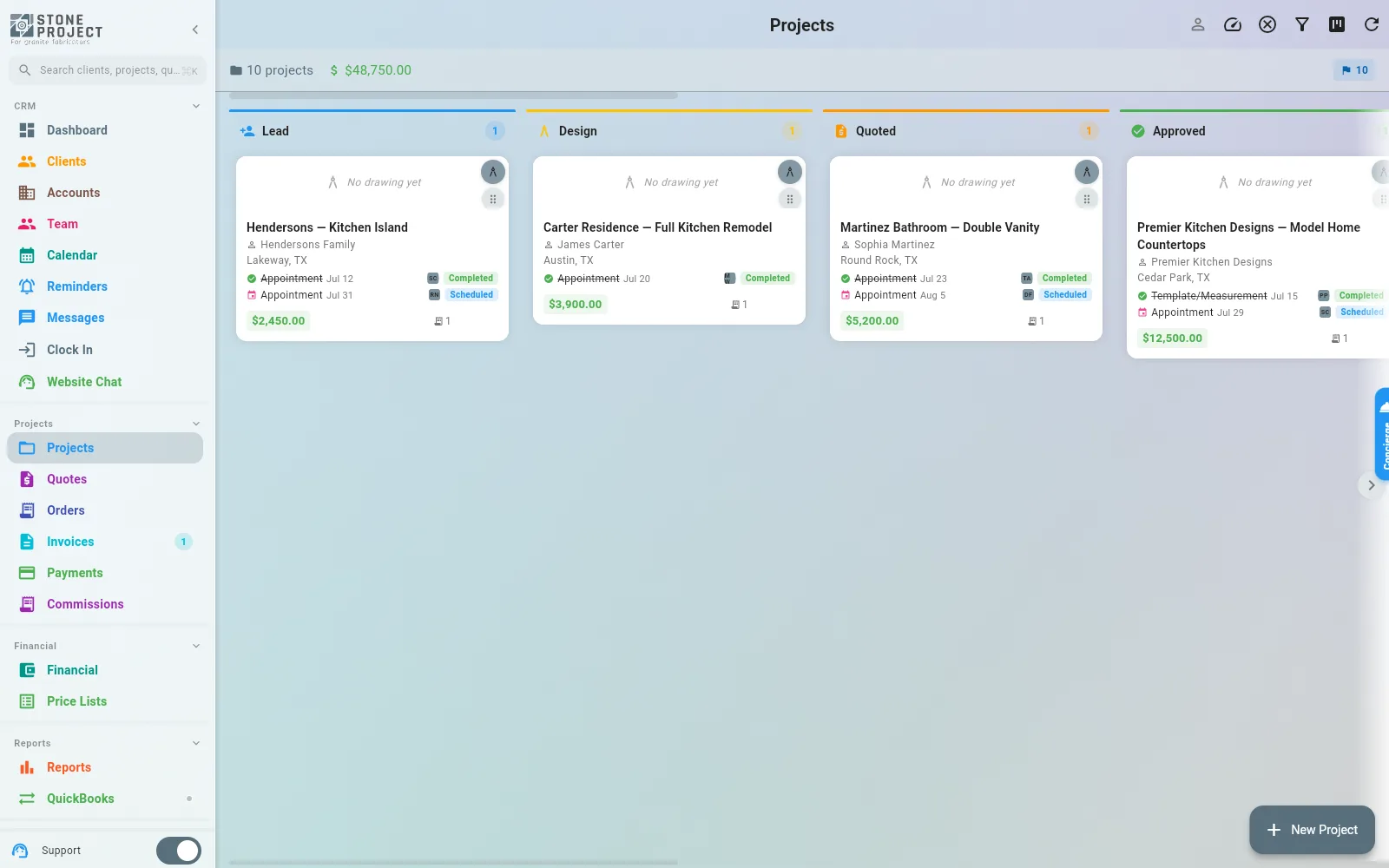 Projects board with job cards showing client, address, appointment status and value — the fields the Kanban Card Designer lets you customize