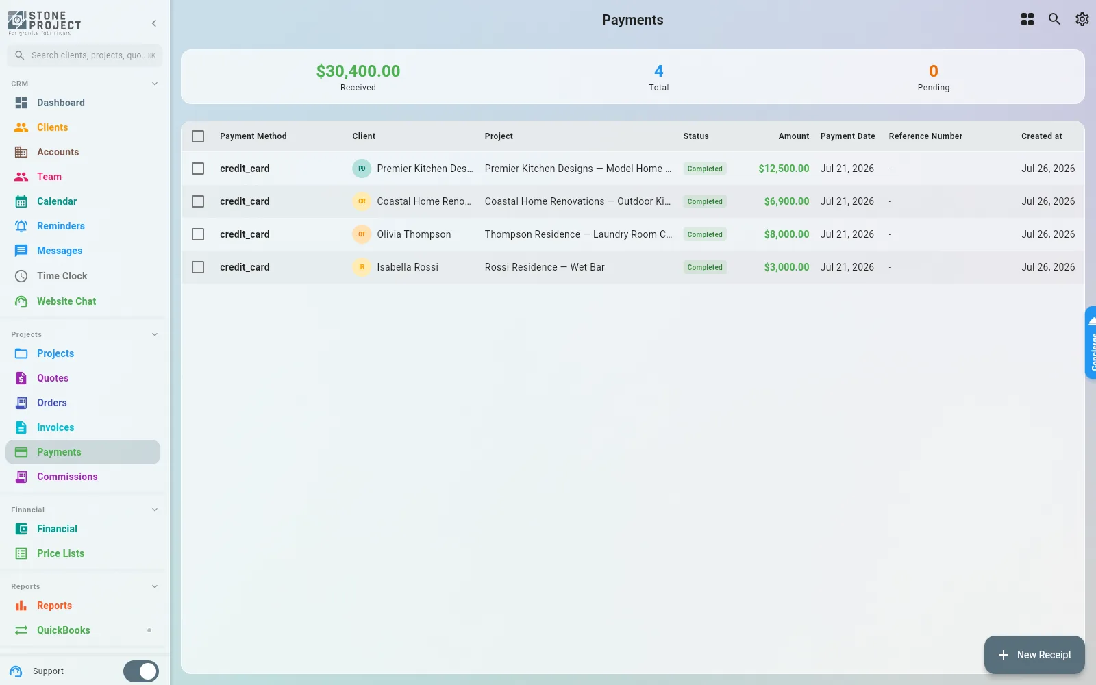 Payments screen listing four completed card payments with a $30,400 totals bar